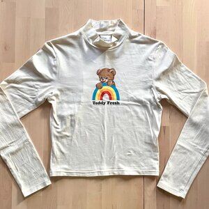 Teddy Fresh Women's Bear & Rainbow Cream Mock Neck Cropped Top Blouse size Small